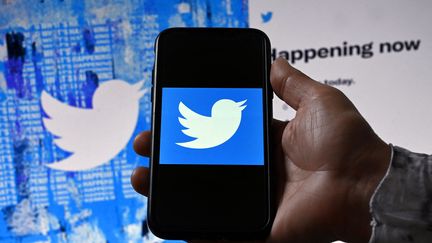 Un téléphone montrant le logo du réseau social Twitter, à Washington D.C. (Etats-Unis), le&nbsp;26 avril 2022. (OLIVIER DOULIERY / AFP)