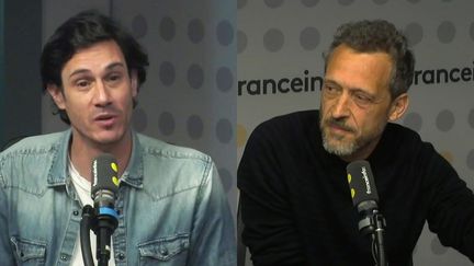 Tugdual de Dieuleveult, fils de Philippe de Dieuleveult, et Yannick Saillet, réalisateur d'un documentaire sur sa disparition, jeudi 18 mai 2023 sur franceinfo. (FRANCEINFO)