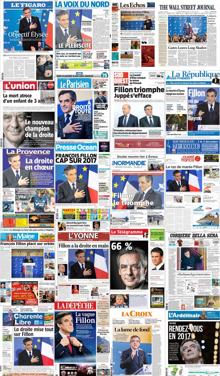 Montage des unes de la presse datées du 28 novembre 2016 après la victoire de François Fillon à la primaire de la droite. (DR)