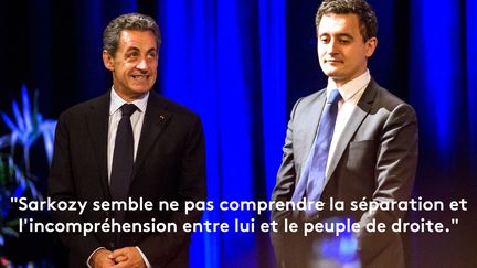 Nicolas Sarkozy et Gerald Darmanin, pendant un meeting à Tourcoing (Nord), le 29 janvier 2015.&nbsp; (PHILIPPE HUGUEN / AFP)