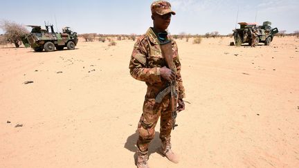 Un soldat malien patrouille dans le cadre de l'opération&nbsp;Barkhane, le 10 mars 2016, à&nbsp;Timbamogoye (Mali).&nbsp; (PASCAL GUYOT / AFP)