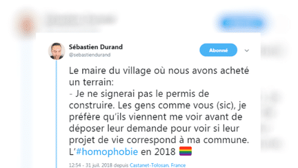 Le consultant en communication Sébastien Durand dénonce sur Twitter, le 31 juillet 2018, la décision du maire d'Aureville (Haute-Garonne) de refuser la demande de permis de construire de son couple homosexuel. (Capture écran / Twitter)