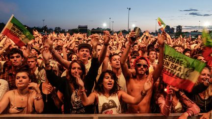 Des festivaliers applaudissent le chanteur Patrice lors de son concert, le dernier jour de la 17e édition du Reggae Sun Ska, le 3 août 2014.
 (Thibaud Moritz/ IP3 PRESS/MAXPPP)