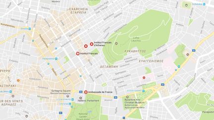 L'Institut français à Athènes a été visé par deux attaques, dans la nuit de dimanche à lundi. (GOOGLE MAPS)