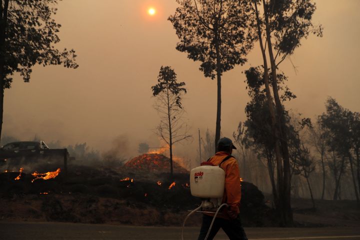 Un pompier intervient sur un incendie à Santa Juana, au Chili, le 3 février 2023. (JAVIER TORRES / AFP)