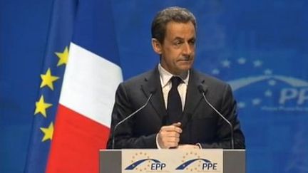 Nicolas Sarkozy devant devant le congr&egrave;s des partis europ&eacute;ens de droite (PPE) &agrave; Marseille (Bouches-du-Rh&ocirc;ne) &agrave; Marseille. (FTVI)