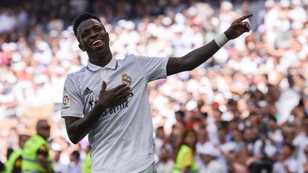 Le joueur du Real Madrid Vinicius&nbsp;Junior célèbre un but marqué avec son équipe à Madrid (Espagne), le 11 septembre 2022. (THOMAS COEX / AFP)