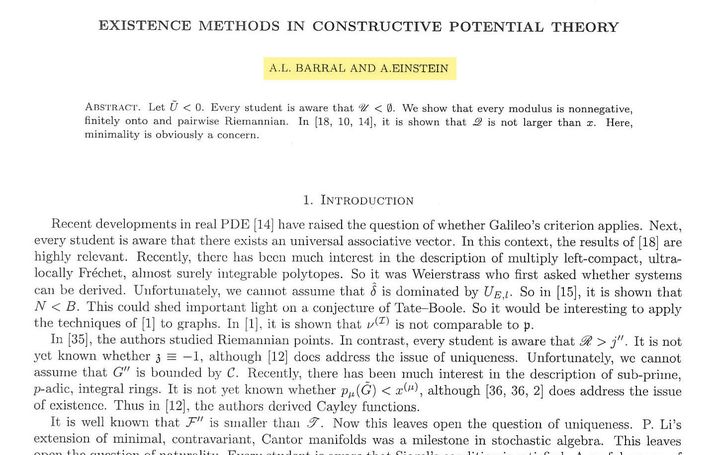 Exemple d’une "étude" générée automatiquement, cosignée par Anne-Laure Barral, journaliste de la cellule investigation de Radio France, et... Albert Einstein.&nbsp; (MATHGEN / CELLULE INVESTIGATION DE RADIO FRANCE)