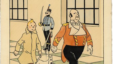 Dessin de Tintin et Milou réalisé par Hergé pour&nbsp;l'illustration du "Petit Vingtième" en février 1939. Le journal avait publié l'album "Le&nbsp;Sceptre d'Ottokar"&nbsp;paru sous forme de feuilleton. (HERGE / ARTCURIAL)