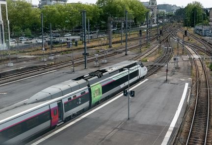 Un TGV attend en gare de Nantes, le 21 mai 2023. (VALERIE DUBOIS / HANS LUCAS / AFP)