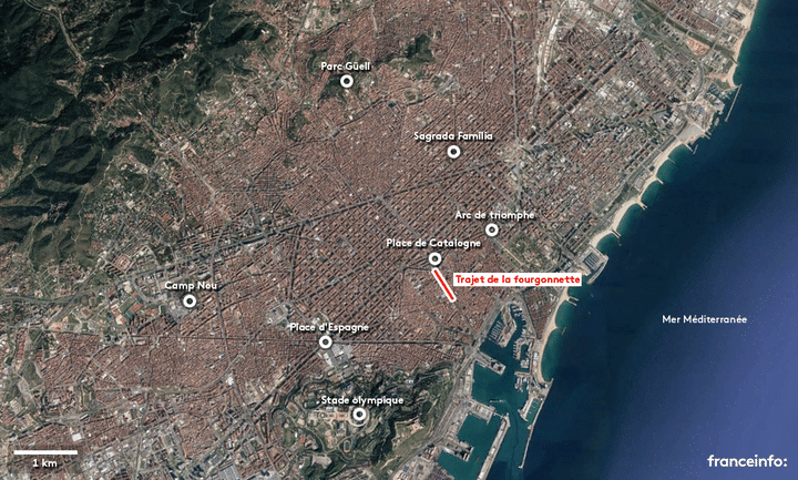 Carte de situation du trajet de la fourgonnette lors de l'attaque de La Rambla à Barcelone. (NICOLAS ENAULT / FRANCEINFO)