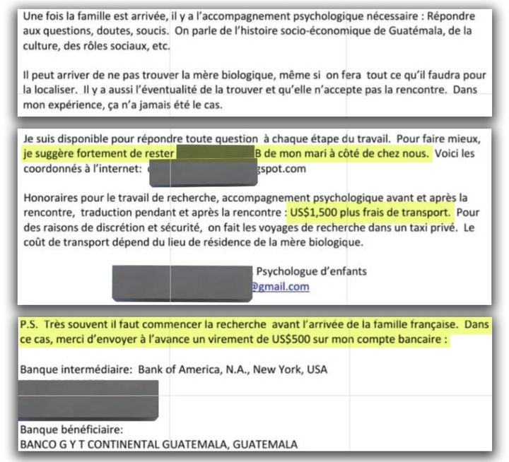 Extraits de la fiche de présentation d’une intermédiaire qui se présente comme professionnelle de la recherche des origines au Guatemala. (CELULLE INVESTIGATION / RADIO FRANCE)