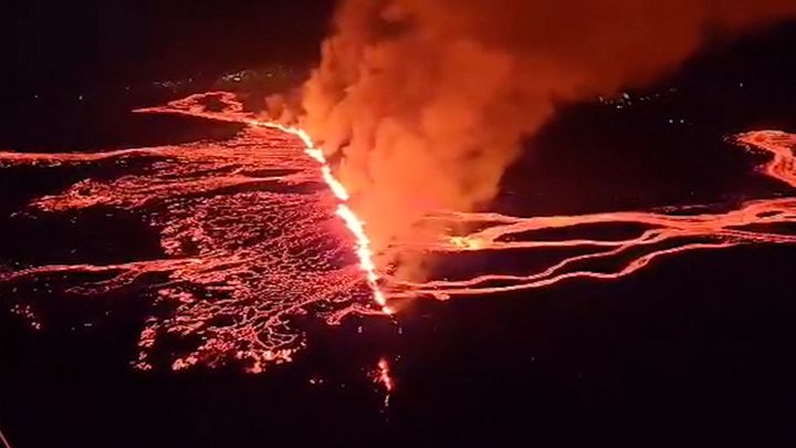 Video screenshot of the volcanic eruption near the town of Grindavik, located on the Reykjanes Peninsula (Iceland), on March 17, 2024. (ALMANNAVARNADEILD / ANADOLU / AFP)