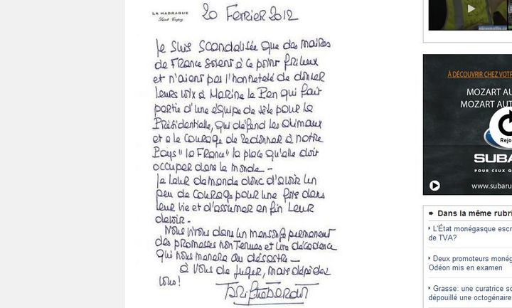 Capture d'écran de la la lettre de Brigitte Bardot mise en ligne par Nice-Matin (DR)