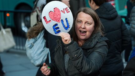 Des supporters du maintien du Royaume-Uni dans l'Union européenne manifestent, le 14 mars 2019, à Londres. (WIKTOR SZYMANOWICZ / NURPHOTO / AFP)