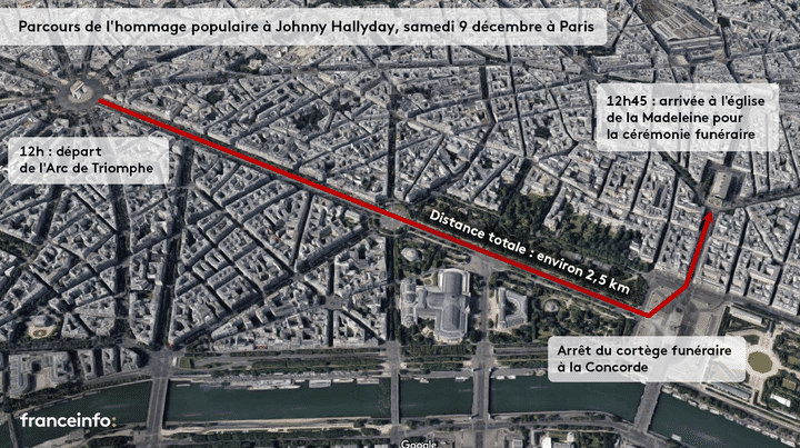 Le parcours de l'hommage populaire à Johnny Hallyday à Paris, le 9 décembre 2017. (FRANCEINFO / GOOGLE MAPS)