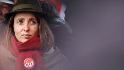 Sophie Binet, secrétaire générale de la CGT, lors de la 12e journée d'action contre la réforme des retraites, à Paris le 13 avril 2023. (GEOFFROY VAN DER HASSELT / AFP)