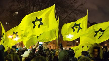 Des drapeaux de la Ligue de d&eacute;fense juive lors d'une manifestation contre l'humoriste Dieudonn&eacute; place de la Bastille, &agrave; Paris, le 16 janvier 2014. (ANTHONY DEPERRAZ / CITIZENSIDE / AFP)