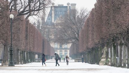 Des gens marchent dans le jardin des Tuileries, à Paris, lundi 5 février 2018. (SAMUEL BOIVIN / CROWDSPARK / AFP)