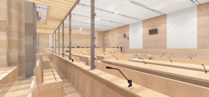 Vue du box sécurisé qui accueillera les accusés du procès des attentats du 13 novembre 2015 à partir du&nbsp;mois de&nbsp;septembre 2021.&nbsp; (MM ARCHITECTS DESIGNERS AND PLANNERS)