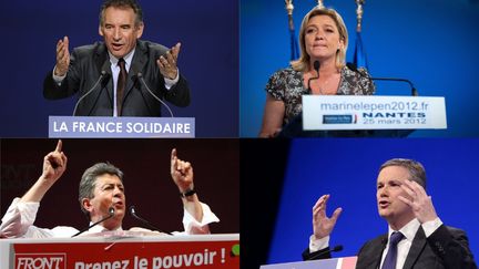 Fran&ccedil;ois Bayrou, Marine Le Pen, Jean-Luc M&eacute;lenchon et Nicolas Dupont-Aignan ont tenu meeting dimanche 25 mars 2012.&nbsp; (AFP/ MONTAGE FTVI)