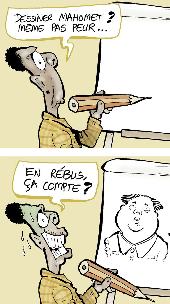 Dessin de Damien Glez, après l'attentat de "Charlie Hebdo", lors du débat sur le fait de montrer ou non les caricatures de Mahomet. (DAMIEN GLEZ / 2001 SNOWBOUND, ALL RIGHTS RESER)