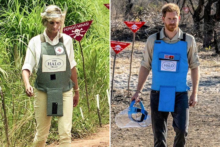 A gauche, la princesse britannique Diana marchant dans une zone infestée de mines antipersonnel en Angola le 15 janvier 1997. A droite, son fils Harry lors de sa visite à Dirico (sud-est de l'Angola), là encore dans une région remplie d'engins explosifs, le 27 septembre 2019. (AFP / THE HALO TRUST)