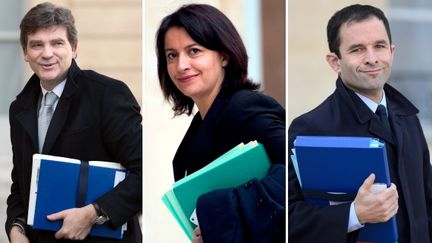 Les ministres Arnaud Montebourg (Redressement productif), C&eacute;cile Duflot (Logement) et Beno&icirc;t Hamon (Economie sociale et solidaire), dans la cour de l'Elys&eacute;e.&nbsp; (AFP / FRANCETV INFO)