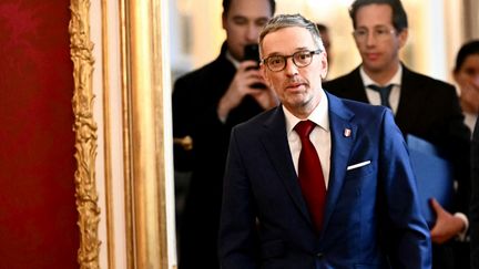 Herbert Kickl, le chef du parti d'extrême droite autrichien FPÖ, arrive au palais présidentiel à Vienne, le 6 janvier 2025, pour un entretien avec le chef de l'Etat. (JOE KLAMAR / AFP)