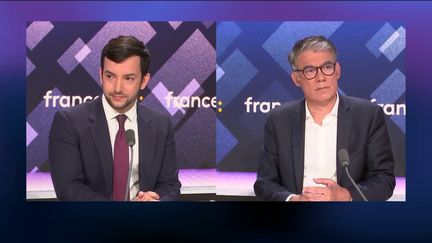 Jean-Philippe Tanguy, membre du bureau national du RN et député sortant de la 4e circonscription de la Somme, face à Olivier Faure, premier secrétaire du PS, réélu député en Seine-et-Marne au premier tour dimanche 30 juin. (FRANCEINFO / RADIO FRANCE)