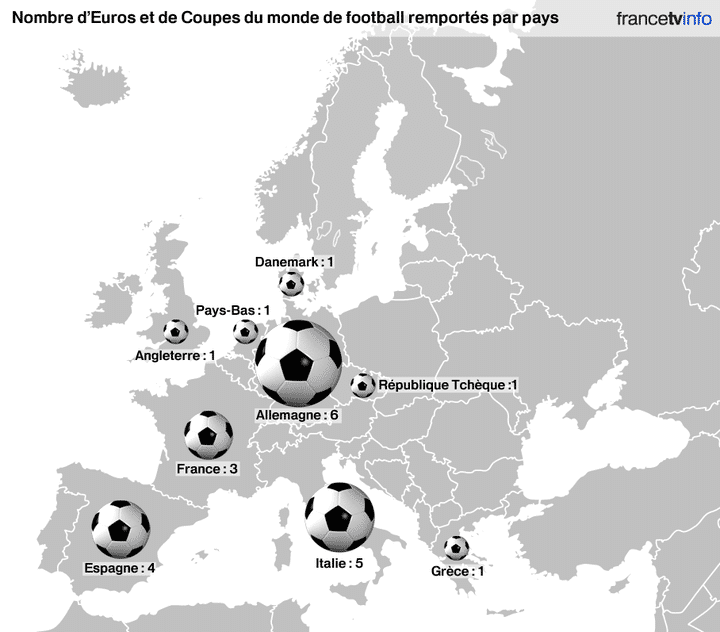 Carte des Coupes du monde et Euros de football remport&eacute;s par les pays europ&eacute;ens.&nbsp; (NICOLAS ENAULT / FRANCETV INFO)