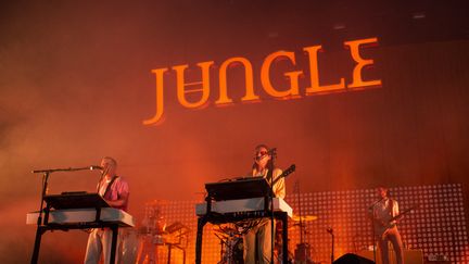 Les musiciens du groupe Jungle, lors d'un concert au&nbsp;Lowlands Festival aux Pays-Bas, en août 2019. (ROBERTO FINIZIO / NURPHOTO VIA AFP)