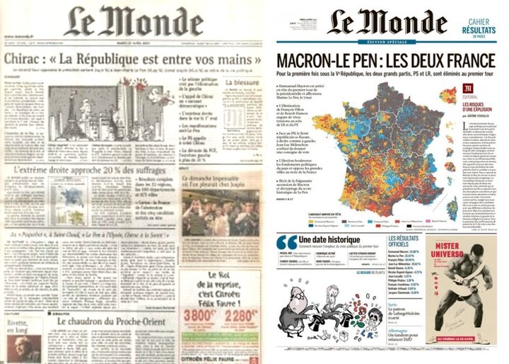 Unes du quotidien "Le Monde"&nbsp;du 23 avril 2002 et du 24 avril 2017. (LE MONDE)