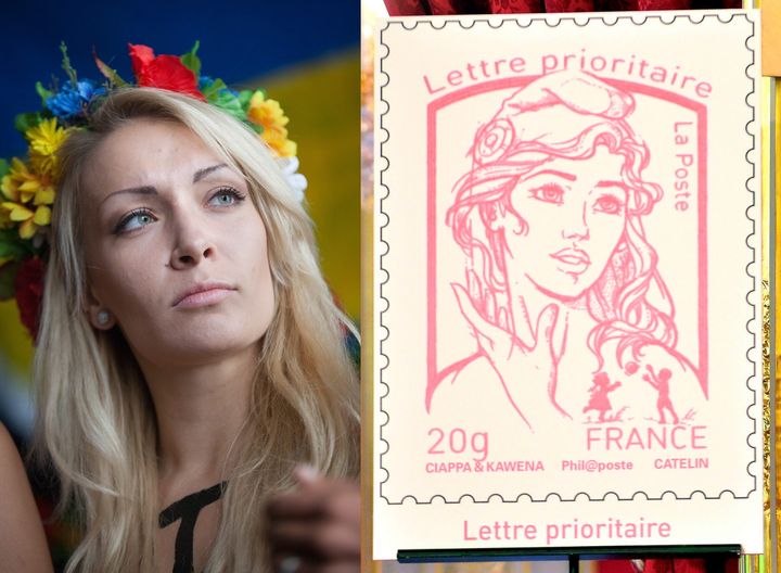 Montage photo pr&eacute;sentant la leader des Femen, Inna Shevchenko, et le nouveau timbre inspir&eacute; de son visage, d&eacute;voil&eacute; le 14 juillet 2013. ( MAXPPP)