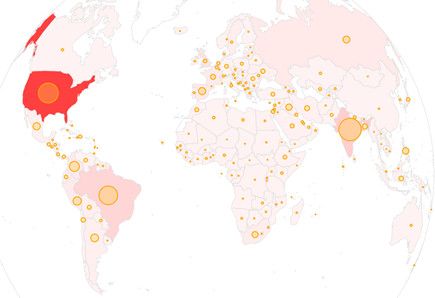 Une carte interactive sous forme de mappemonde, accompagnée de graphiques montrant l’historique de l’épidémie dans les 50 pays les plus touchés.&nbsp; (LE FIGARO)