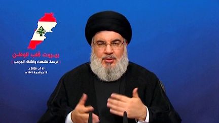 Hassan Nasrallah, secrétaire général du Hezbollah, lors d'un discours télévisé, le 7 août 2020. (REUTERS)