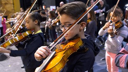 25 mars 2018. Répétition générale en vue d'un spectacle à l'Opéra de Montpellier dans le cadre du projet DEMOS, le dispositif d'éducation musicale et orchestrale à vocation sociale, initié en 2010.&nbsp; (MAXPPP)