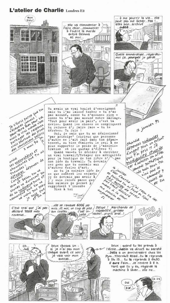 Planche originale de "Gemma Bovery" de Posy Simmonds ("L'atelier de Charlie") présentée à la BPI du Centre Pompidou dans l'exposition qui lui est consacrée du 22 novembre 2023 au 1er avril 2024. (POSY SIMMONDS)