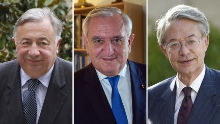 G&eacute;rard Larcher, Jean-Pierre Raffarin et Philippe Marini, candidats &agrave; la pr&eacute;sidence du S&eacute;nat, seront d&eacute;partag&eacute;s mardi 30 septembre 2014 lors d'un vote interne &agrave; l'UMP. (AFP / FRANCETV INFO)