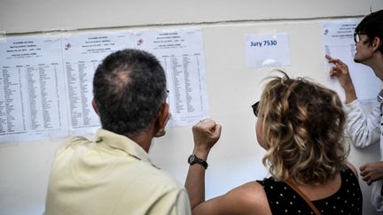 Des parents d'élèves consultent les résultats de l'examen du baccalauréat, au lycée Fresnel, à Paris, le 5 juillet 2019. (STEPHANE DE SAKUTIN / AFP)