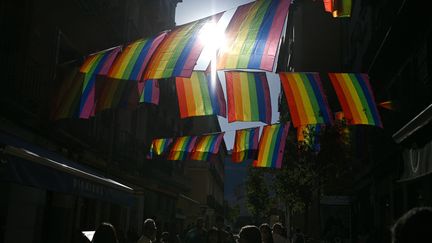 Des drapeaux LGBT+ dans une rue à Madrid (Espagne) pour la gay pride, le 1er juillet 2022. (GABRIEL BOUYS / AFP)