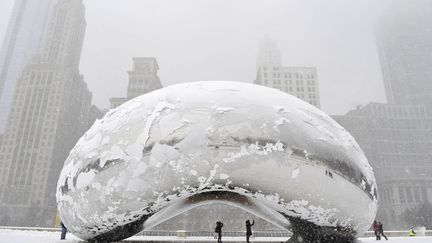 La c&eacute;l&egrave;bre sculpture d'Anish Kapoor&nbsp;connue sous le pseudonyme du "haricot" est recouverte de neige &agrave; Chicago (Illinois, Etats-Unis), le 5 mars 2013. (BRIAN KERSEY / GETTY IMAGES / AFP)