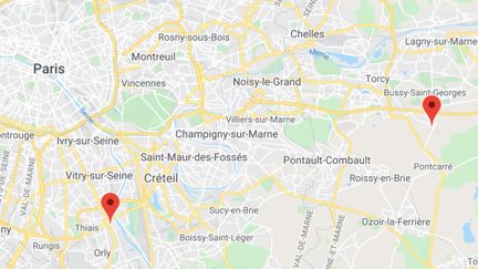 Choisy-le-Roi (Val-de-Marne) et Ferrières-en-Brie (Seine-et-Marne). (GOOGLE MAPS)