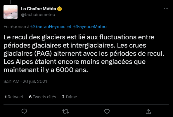 Capture d'écran d'un tweet supprimé de La Chaine Météo remettant en cause le lien entre fonte des glaciers et réchauffement climatique. (TWITTER)