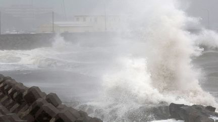 De fortes vagues sur le rivage de la ville de Kagoshima à l'approche du typhon Shanshan, au Japon, le 28 août 2024. (FUMIHITO SAEKI / YOMIURI / AFP)