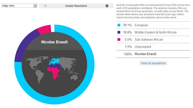 La r&eacute;partition g&eacute;ographique de mes g&egrave;nes, selon les analyses de 23andme. ( FRANCETV INFO)