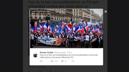 Un message de propagande de l'Etat islamique menaçant le FN posté par un spécialiste du jihadisme sur Twitter, le 6 février 2016. (ROMAIN CAILLET / TWITTER)