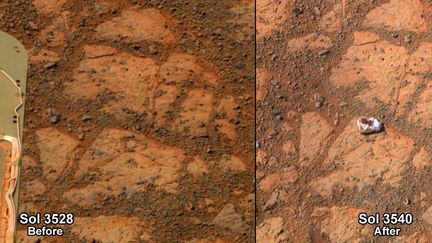 Ces deux images montrent l'apparition myst&eacute;rieuse d'un caillou sur Mars, fin janvier 2014. (NASA / AFP)