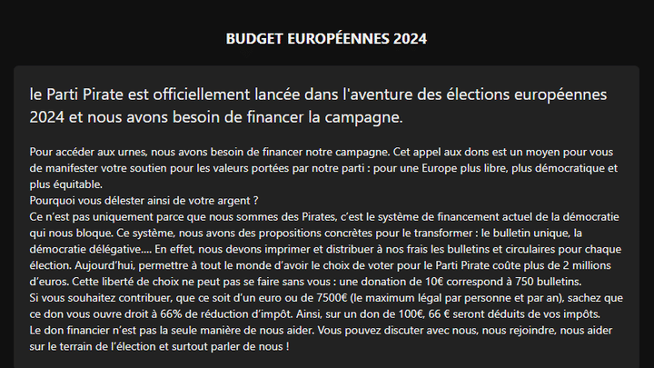 Les bulletins de vote représentent un coût pour les petits partis, le Parti Pirate lance un appel aux dons pour pouvoir les imprimer.  (Capture d'écran Fête des Pirates)