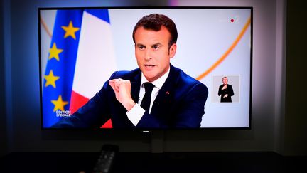 Emmanuel Macron, jeudi 25 avril 2019 lors de sa conférence de presse organisée à l'Elysée. (DAMIEN MEYER / AFP)